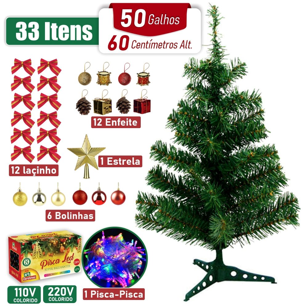 Arvore de Natal 60cm Ganhe Enfeites e Pisca-Pisca DEC17 - Arvore de Natal 60cm Ganhe Enfeites e Pisca-Pisca Casa Tech 110v 
