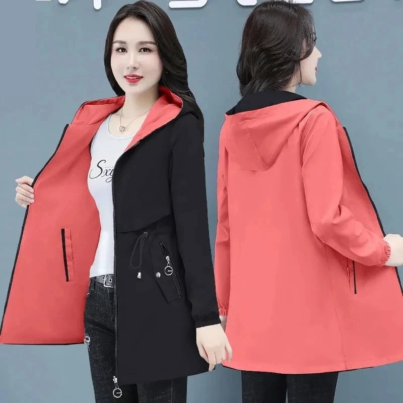 Double-Sided Trench Coat Women 2022 New Spring Autumn Clothes Hooded Large Size Long Windbreaker Jacket Female Outerwear Tops Casa Tech 