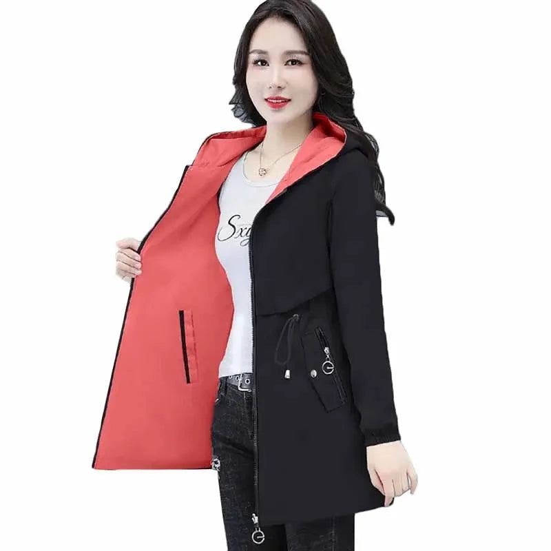 Double-Sided Trench Coat Women 2022 New Spring Autumn Clothes Hooded Large Size Long Windbreaker Jacket Female Outerwear Tops Casa Tech 
