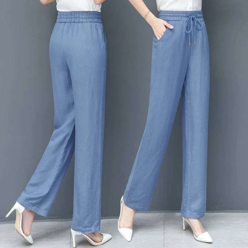 Summer Ankle-length Wide Leg Faux Jeans Baggy Denim Straight Pants Casual New Thin Ice Silk Vaqueros Elastic High Waist Spodnie Casa Tech 