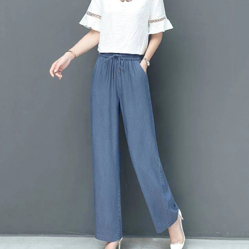 Summer Ankle-length Wide Leg Faux Jeans Baggy Denim Straight Pants Casual New Thin Ice Silk Vaqueros Elastic High Waist Spodnie Casa Tech 