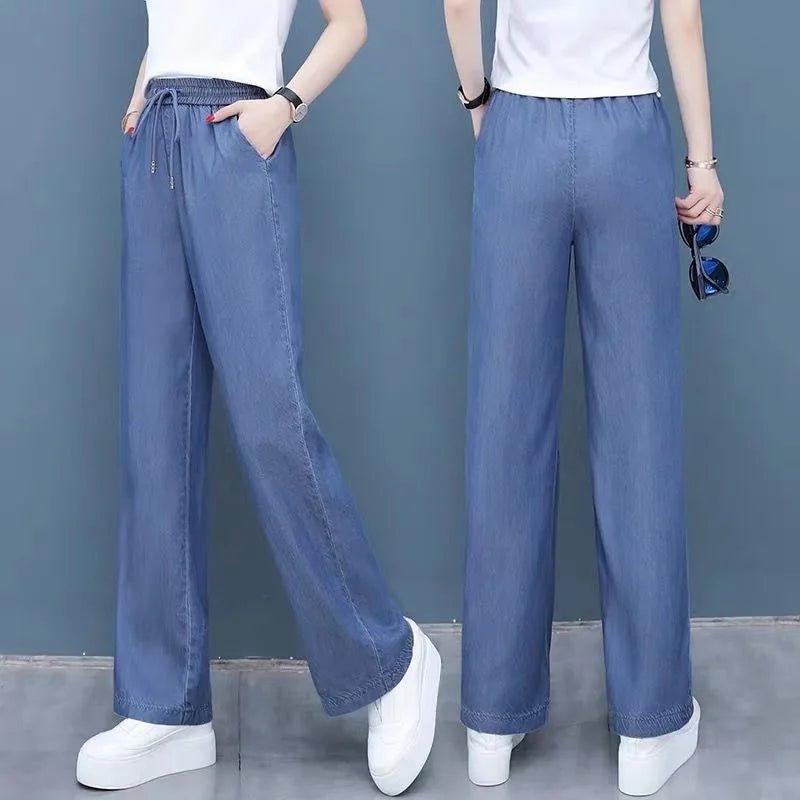 Summer Ankle-length Wide Leg Faux Jeans Baggy Denim Straight Pants Casual New Thin Ice Silk Vaqueros Elastic High Waist Spodnie Casa Tech 