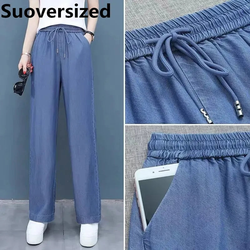 Summer Ankle-length Wide Leg Faux Jeans Baggy Denim Straight Pants Casual New Thin Ice Silk Vaqueros Elastic High Waist Spodnie Casa Tech 