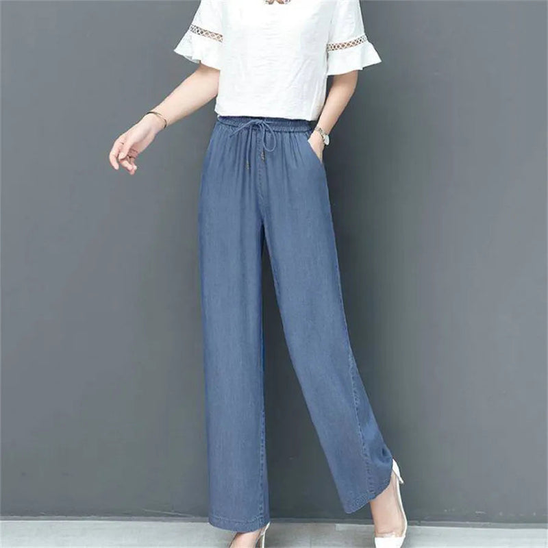 Summer Ankle-length Wide Leg Faux Jeans Baggy Denim Straight Pants Casual New Thin Ice Silk Vaqueros Elastic High Waist Spodnie Casa Tech Azul P 
