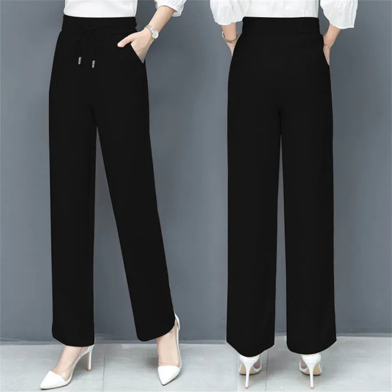 Summer Ankle-length Wide Leg Faux Jeans Baggy Denim Straight Pants Casual New Thin Ice Silk Vaqueros Elastic High Waist Spodnie Casa Tech black S 30-35kg 