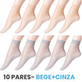 10 Pares de Meias Antiderrapantes Femininas LMF04 - 10 Pares de Meias Antiderrapantes Femininas Casa Tech 5 Bege + 5 Cinza 