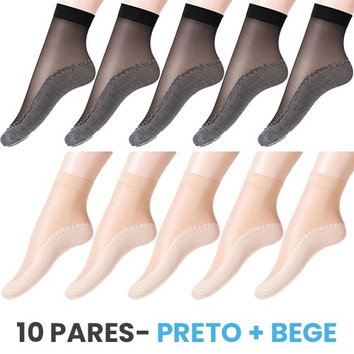 10 Pares de Meias Antiderrapantes Femininas LMF04 - 10 Pares de Meias Antiderrapantes Femininas Casa Tech 5 Pretas + 5 Bege 