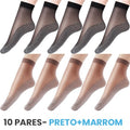 10 Pares de Meias Antiderrapantes Femininas LMF04 - 10 Pares de Meias Antiderrapantes Femininas Casa Tech 5 Pretas + 5 Marrom 