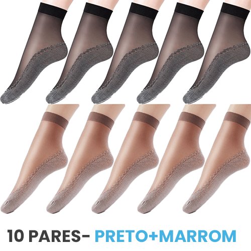 10 Pares de Meias Antiderrapantes Femininas LMF04 - 10 Pares de Meias Antiderrapantes Femininas Casa Tech 5 Pretas + 5 Marrom 