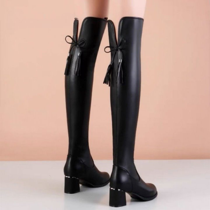 Bota Feminina Cano Longo de Couro Ecológico BTF12 - Bota Feminina Cano Longo de Couro Ecológico Casa Tech Preta Pelúcia 33 