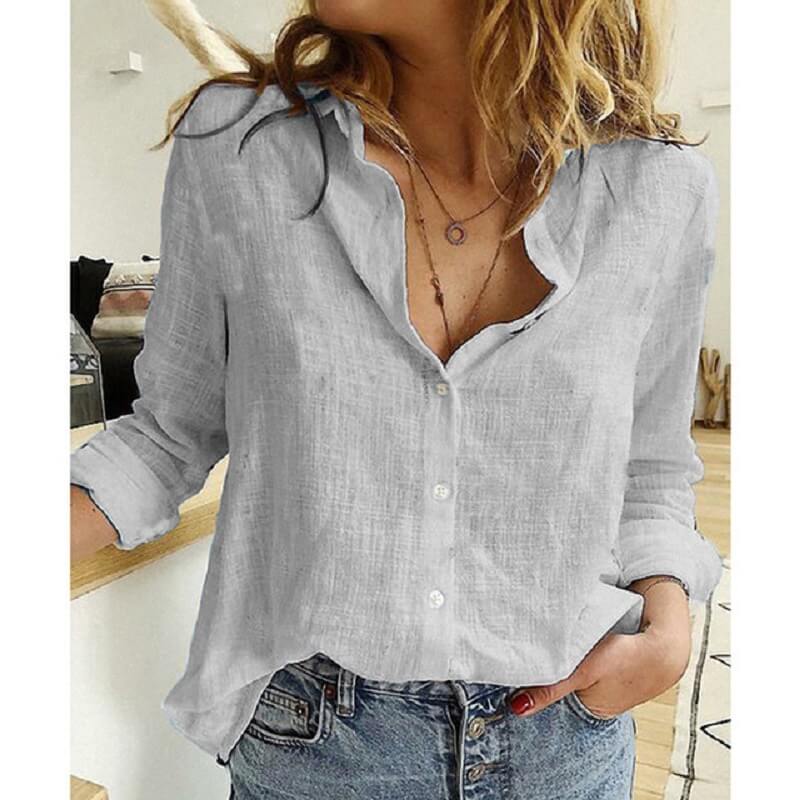 Camisa de Linho Feminina Primavera Manga Longa ROU8 - Camisa de Linho Feminina Primavera Manga Longa Casa Tech Loja Cinza EU S 