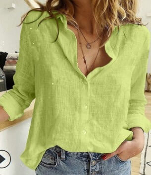 Camisa de Linho Feminina Primavera Manga Longa ROU8 - Camisa de Linho Feminina Primavera Manga Longa Casa Tech Loja Verde EU S 