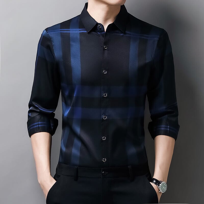 Camisa Masculina Social Manga Longa Xadrez Slim CAM2 - Camisa Masculina Social Manga Longa Xadrez Slim Casa Tech Azul PP 