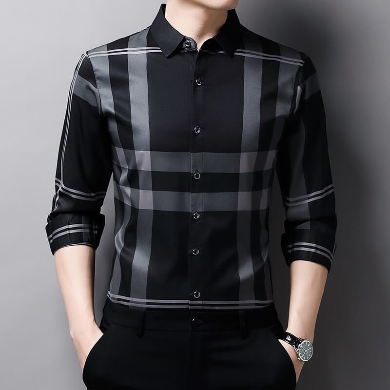 Camisa Masculina Social Manga Longa Xadrez Slim CAM2 - Camisa Masculina Social Manga Longa Xadrez Slim Casa Tech Cinza PP 
