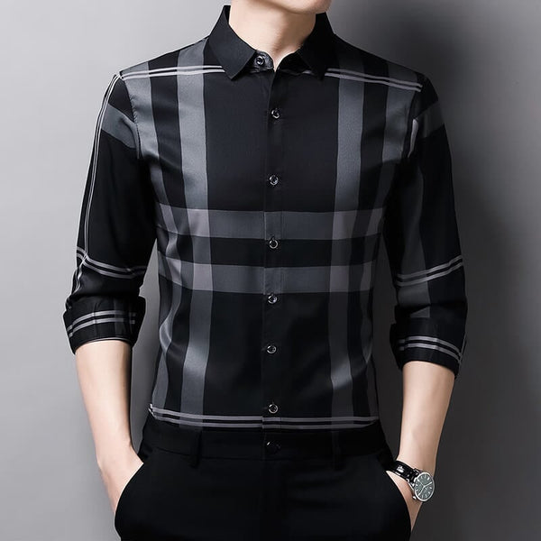 Camisa Masculina Social Manga Longa Xadrez Slim CAM2 - Camisa Masculina Social Manga Longa Xadrez Slim Casa Tech Cinza PP 
