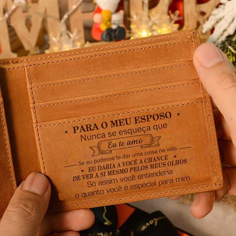 Carteira Masculina de Couro Legítimo - Mensagem de Amor Gravada! PR - Carteira 41 Casa Tech Loja Marrom Para meu Esposo 