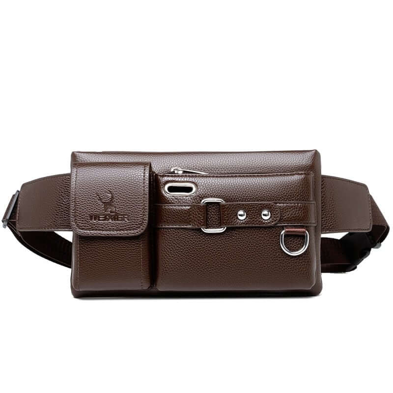Elegance Man Bolsa de Cintura - Couro Legítimo G5P10 - Elegance Man Bolsa de Cintura - Couro Legítimo Casa Tech Loja Marrom 