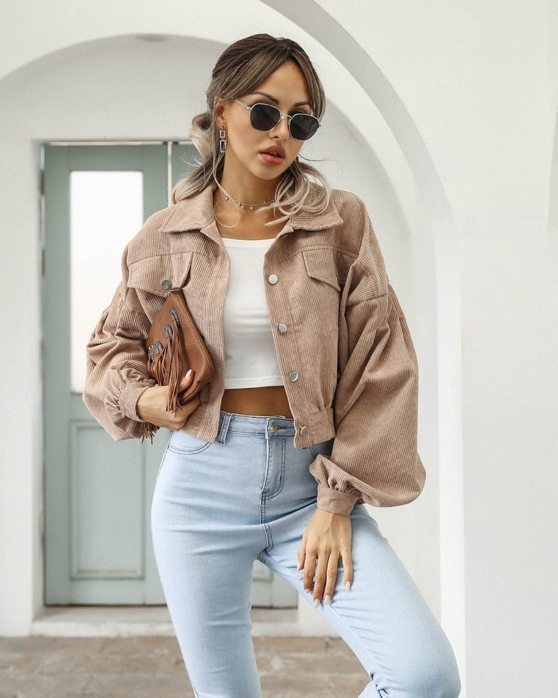 Jaqueta Cropped Feminina Manga Longa Soltinho JCF13 - Jaqueta Cropped Feminina Manga Longa Soltinho Casa Tech Cáqui P 