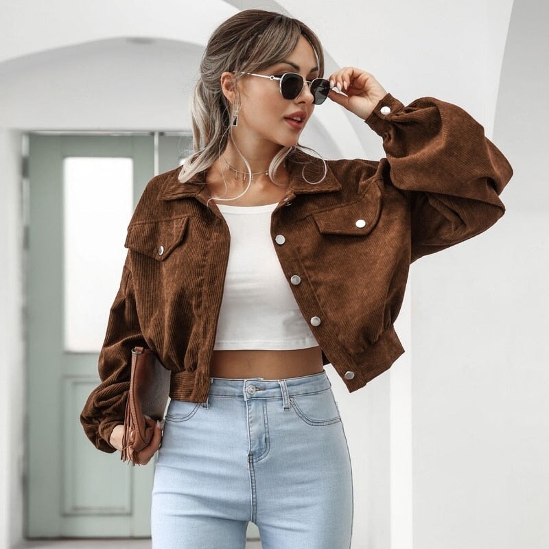 Jaqueta Cropped Feminina Manga Longa Soltinho JCF13 - Jaqueta Cropped Feminina Manga Longa Soltinho Casa Tech Marrom P 