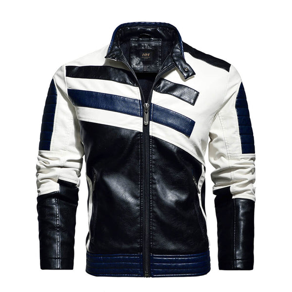 Jaqueta de Couro Masculina Two Stripes JCM22 - Jaqueta de Couro Masculina Two Stripes Casa Tech Preto e Azul PP 