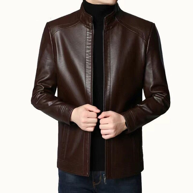 Jaqueta de Couro Michigan Masculina JCM11 - Jaqueta de Couro Michigan Masculina Casa Tech Loja Marrom P Sem gola