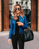 Jaqueta Feminina de Couro Ecológico G5P12 - Jaqueta Feminina de Couro Ecológico Casa Tech Loja Azul Claro P 