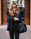 Jaqueta Feminina de Couro Ecológico G5P12 - Jaqueta Feminina de Couro Ecológico Casa Tech Loja Azul Escuro P 