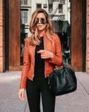 Jaqueta Feminina de Couro Ecológico G5P12 - Jaqueta Feminina de Couro Ecológico Casa Tech Loja Khaki P 