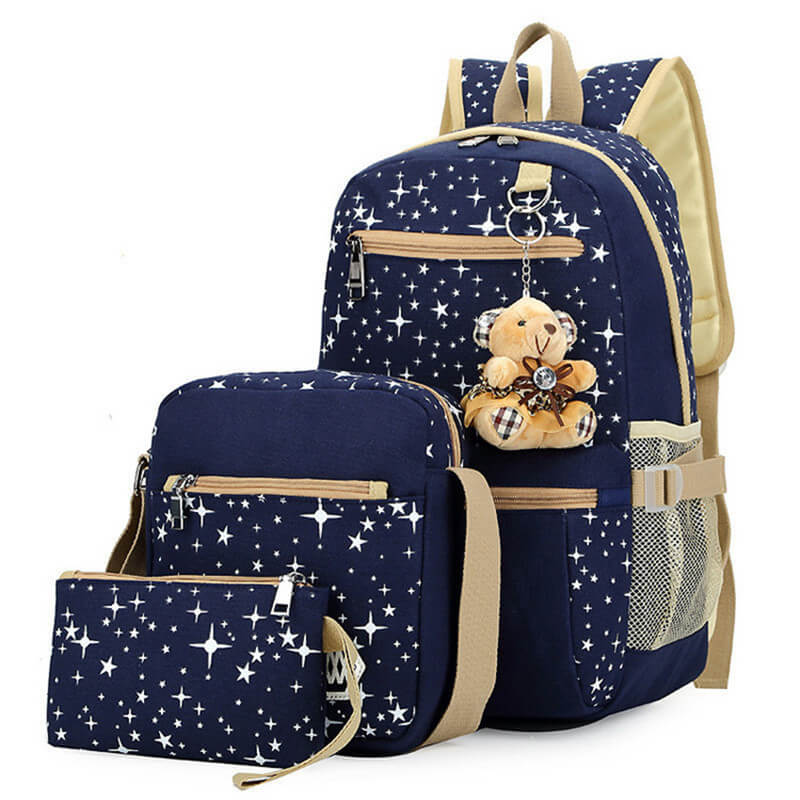 Mochila Escolar Feminina - Kit com 3 peças + 1 Chaveiro BOL28 - Mochila Escolar Feminina - Kit com 3 peças + 1 Chaveiro Casa Tech Loja Azul Escuro 