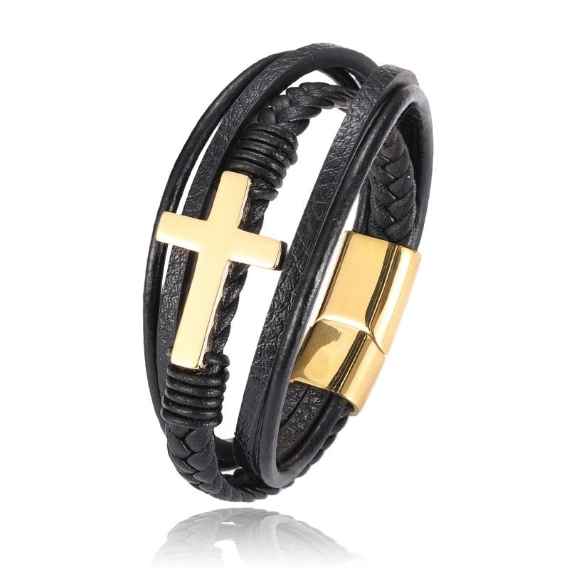 Pulseira de Couro Masculina com Crucifixo - Diversos Modelos RPM02 - Pulseira de Couro Masculina com Crucifixo Diversos Modelos Casa Tech Loja Ouro 