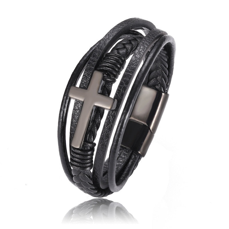 Pulseira de Couro Masculina com Crucifixo - Diversos Modelos RPM02 - Pulseira de Couro Masculina com Crucifixo Diversos Modelos Casa Tech Loja Preto 