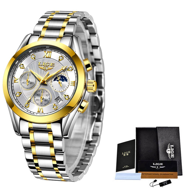 Relógio LIGE Feminino Gold Relógios Casa Tech Loja Dourado e Branco - Pulseira Prata 