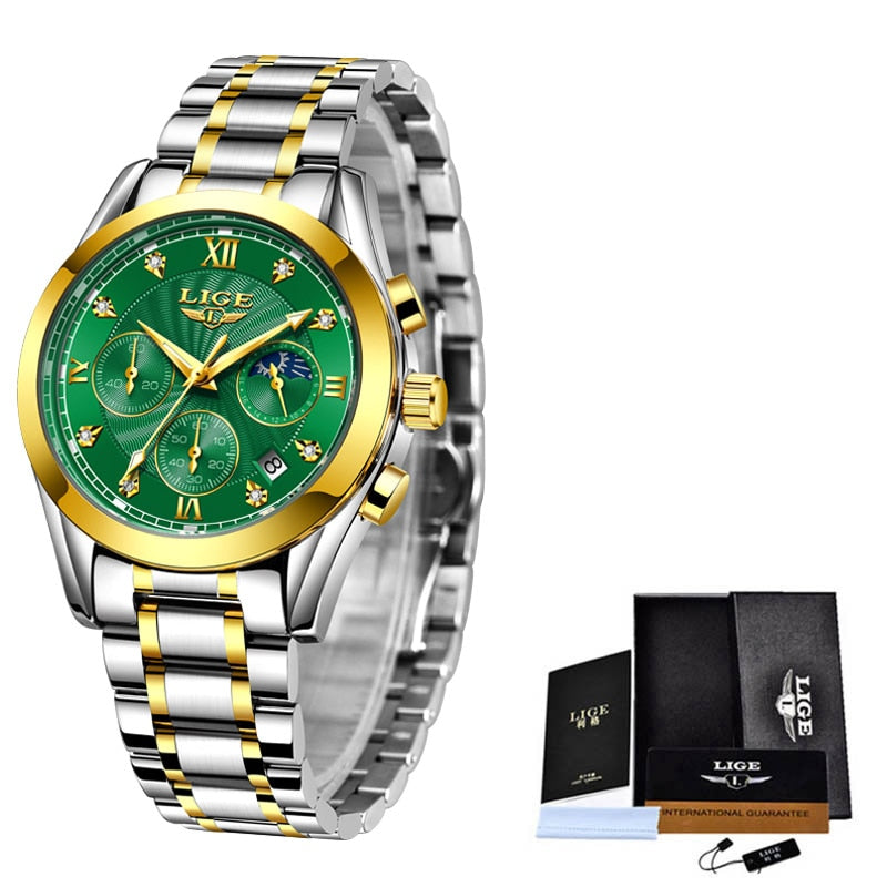 Relógio LIGE Feminino Gold Relógios Casa Tech Loja Dourado e Verde - Pulseira Prata 