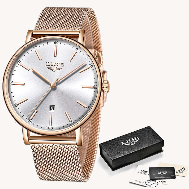 Relógio LIGE Feminino Original 0 Casa Tech Loja Rose Dourado Branco 