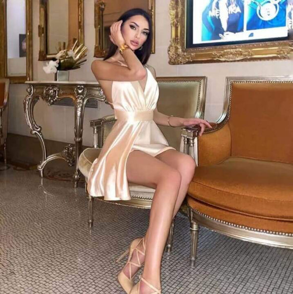 Vestido de Cetim Curto para Festa MODAF1 - Vestido de Cetim Curto para Festa Casa Tech Loja Bege S 